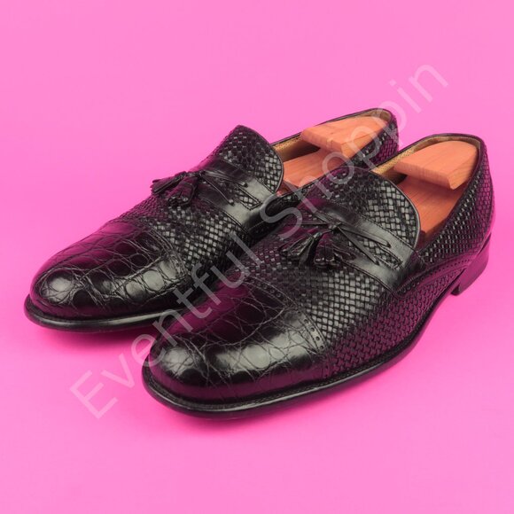 Mezlan Dress Shoes Mens 15 M Black Crocodile Woven Tassel Loafers